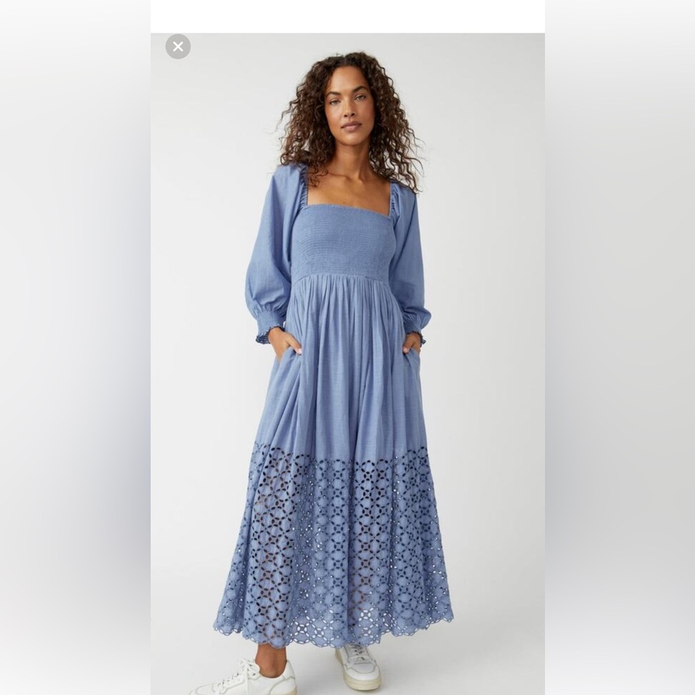 New FREE PEOPLE Perfect Storm Long Sleeve Midi Dress $168 Large Blue Boho